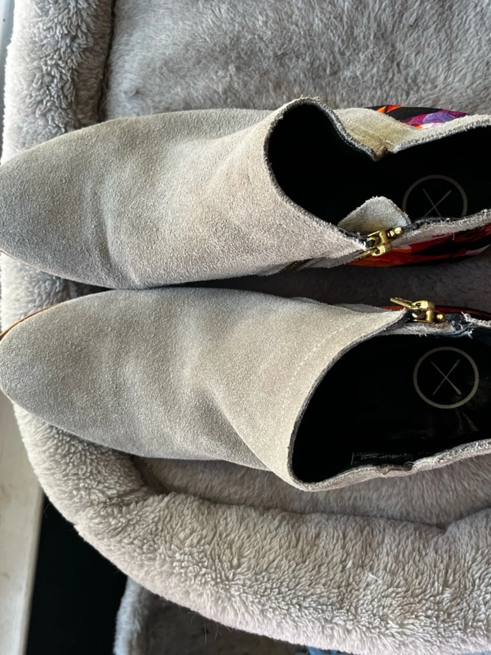 inkkas Taupe Suede Ankle Booties with Floral Block Heel - Picture 2 of 5